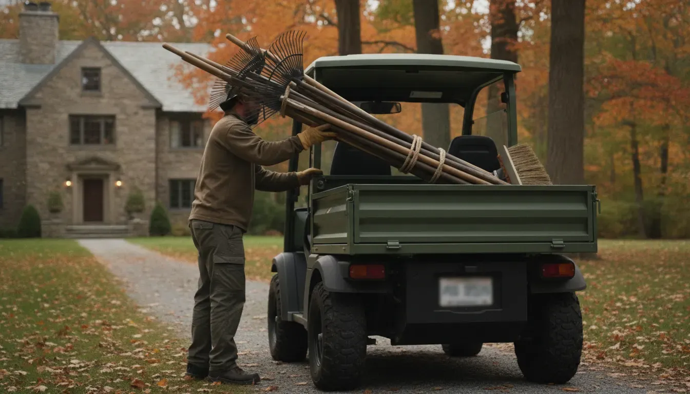 Commercial utility vehicle carrying grounds equipment at a New Hampshire property