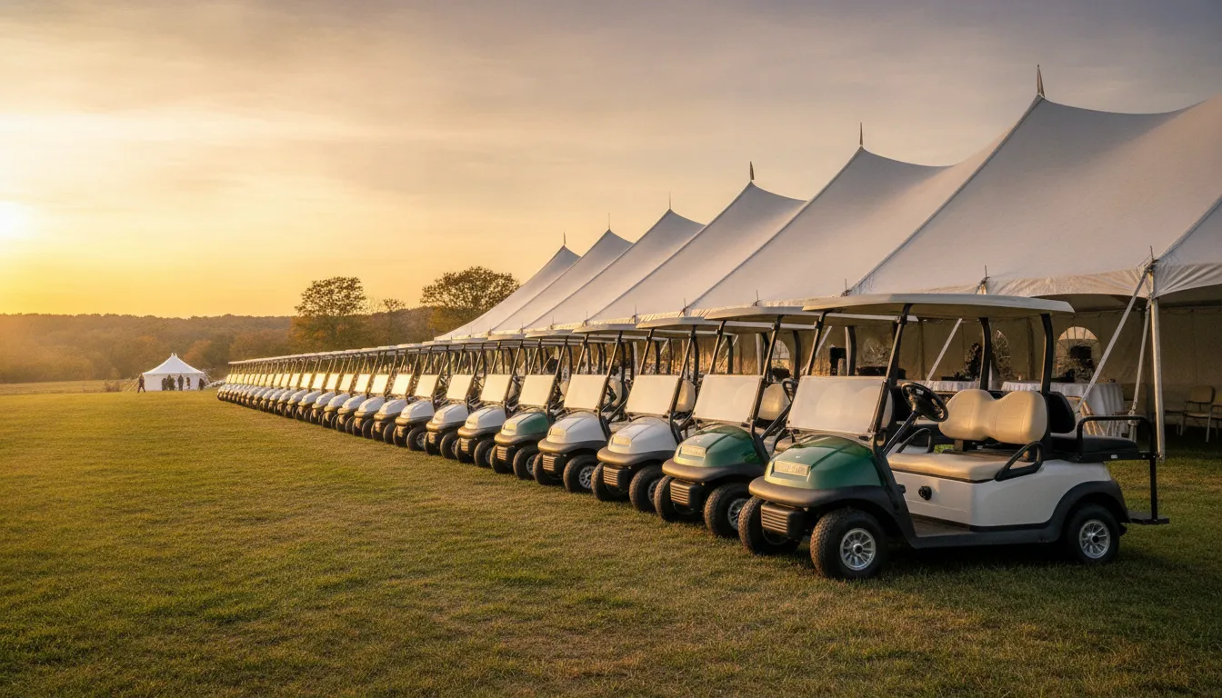 Six-passenger golf cart staged for staff transportation at an outdoor New England event