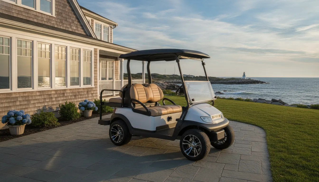Club Car Onward golf cart near a New England coastal home
