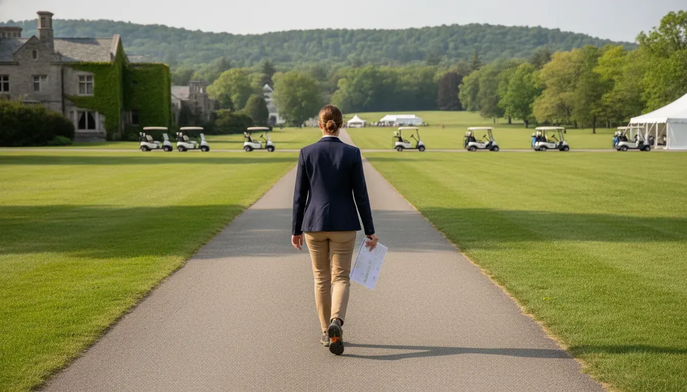 Event coordinator reviewing golf cart routes at a venue