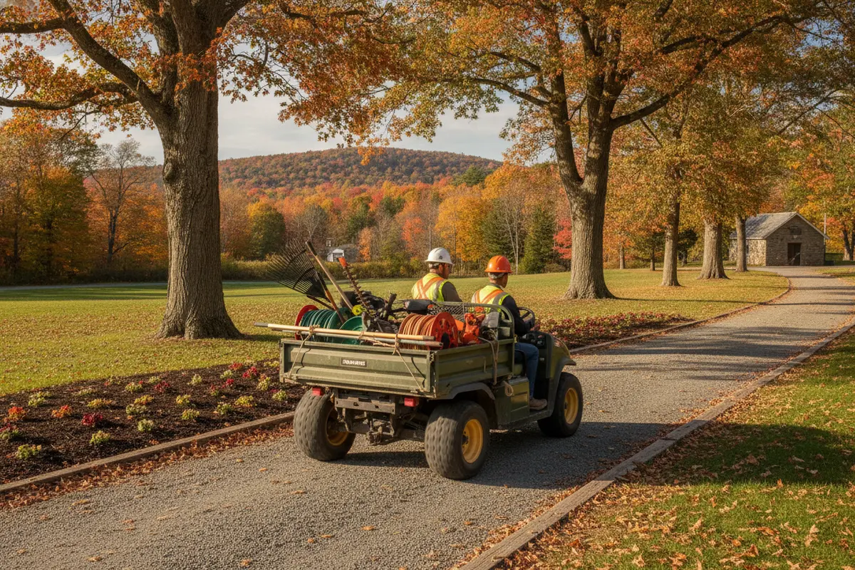 Gas utility vehicle carrying landscaping tools at a Connecticut park