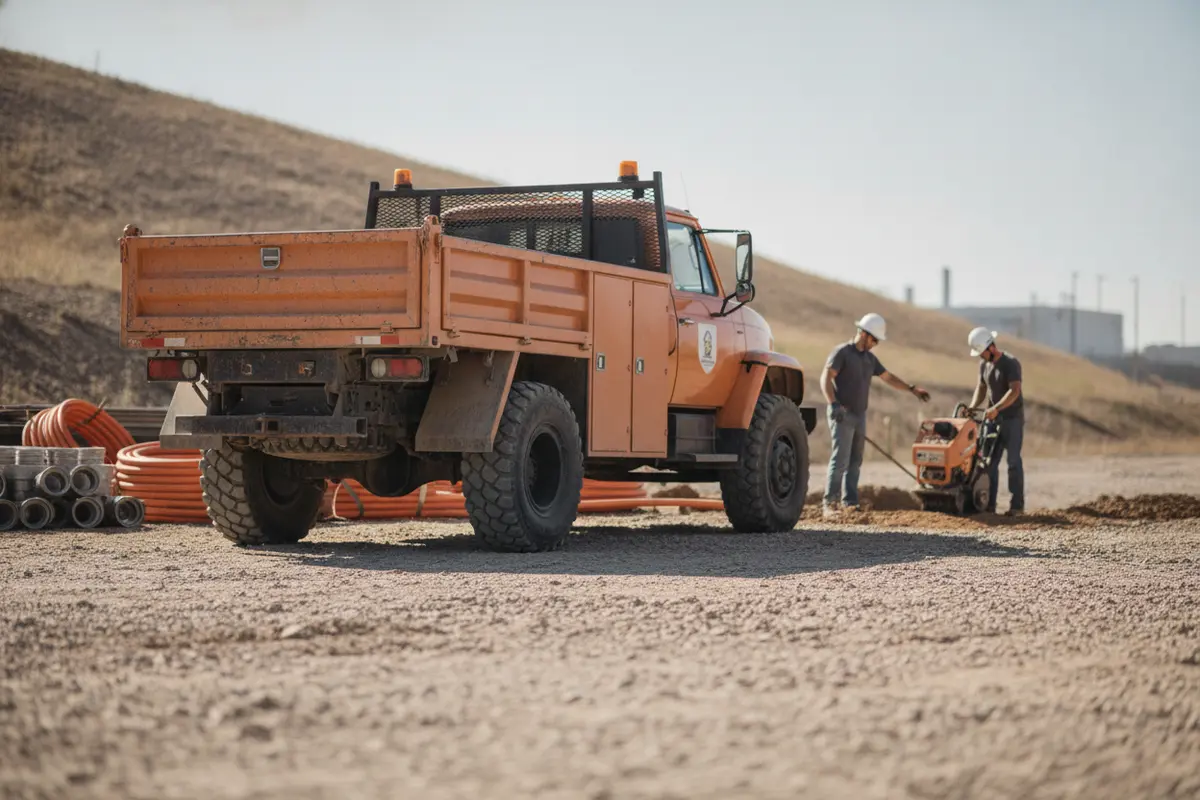 Gas utility vehicle with cargo bed on a gravel worksite