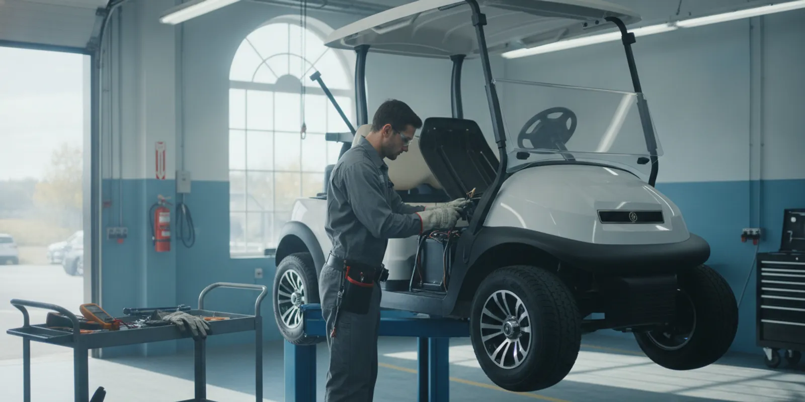 Technician replacing a golf cart battery during service