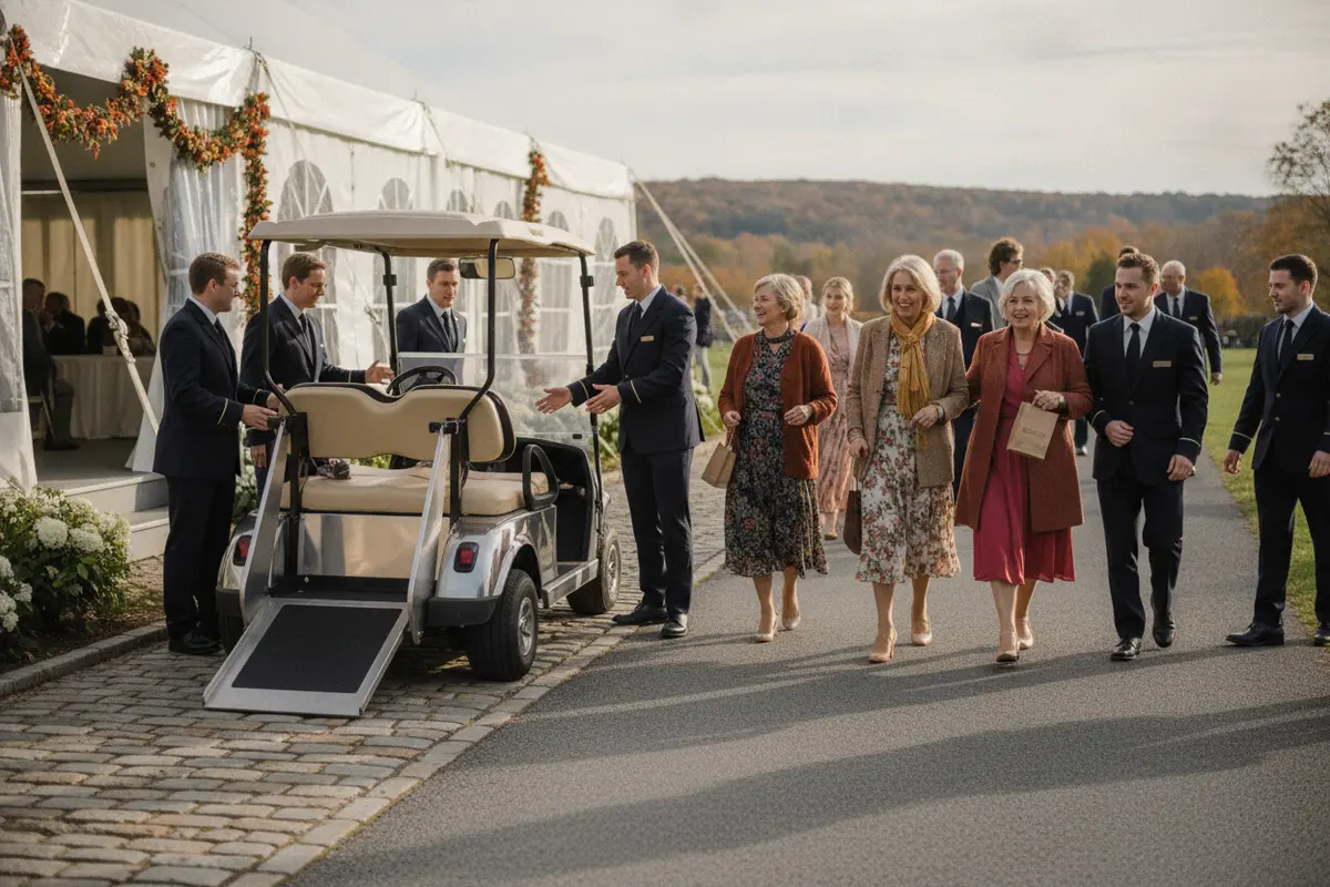Golf cart positioned beside a paved path at an outdoor event venue