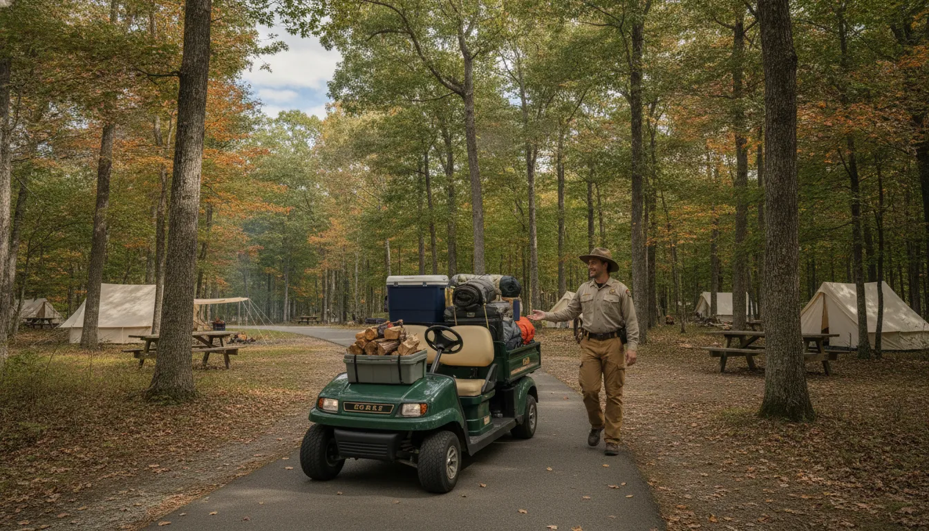 Unbranded utility cart moving supplies along a campground path
