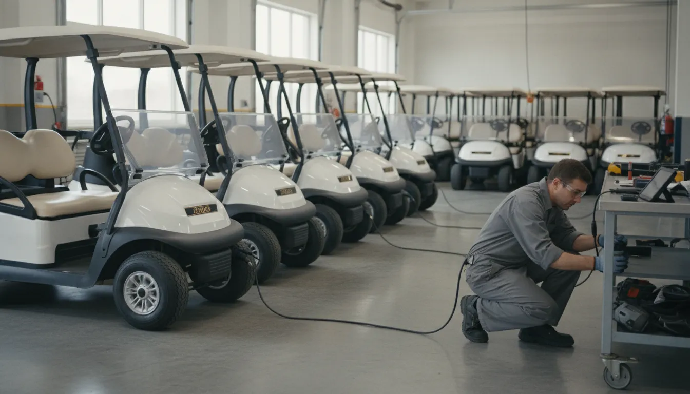 Technician inspecting a golf cart rental fleet