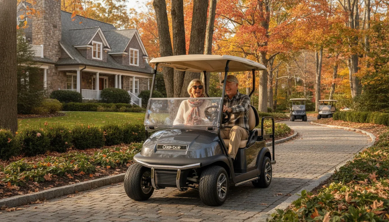 Active retirement couple driving a Club Car Onward 4 Forward LSV through a New England 55+ community with landscaped paths and autumn foliage