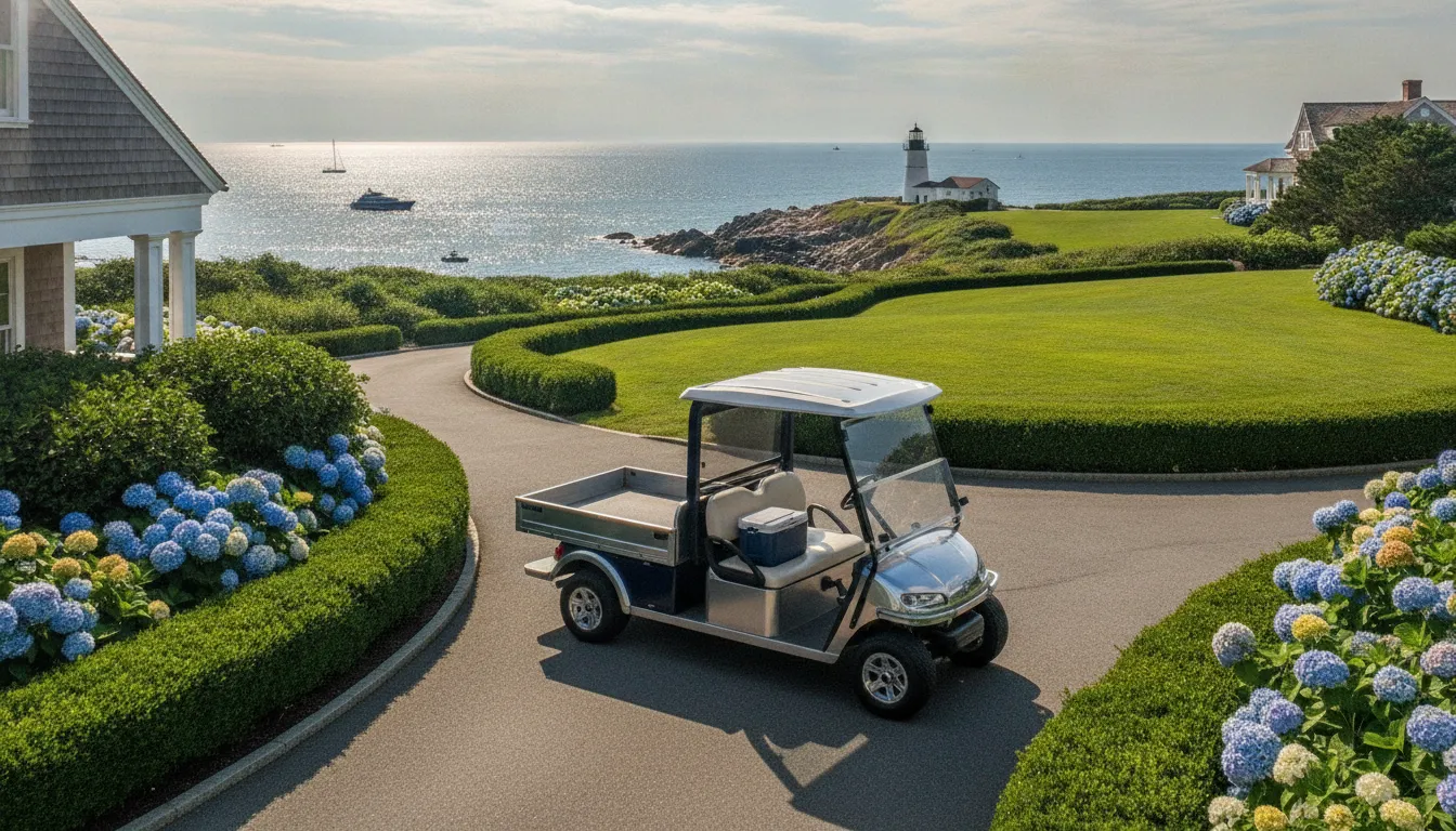 A fleet of high-performance commercial golf carts parked outside a premium New England resort facility