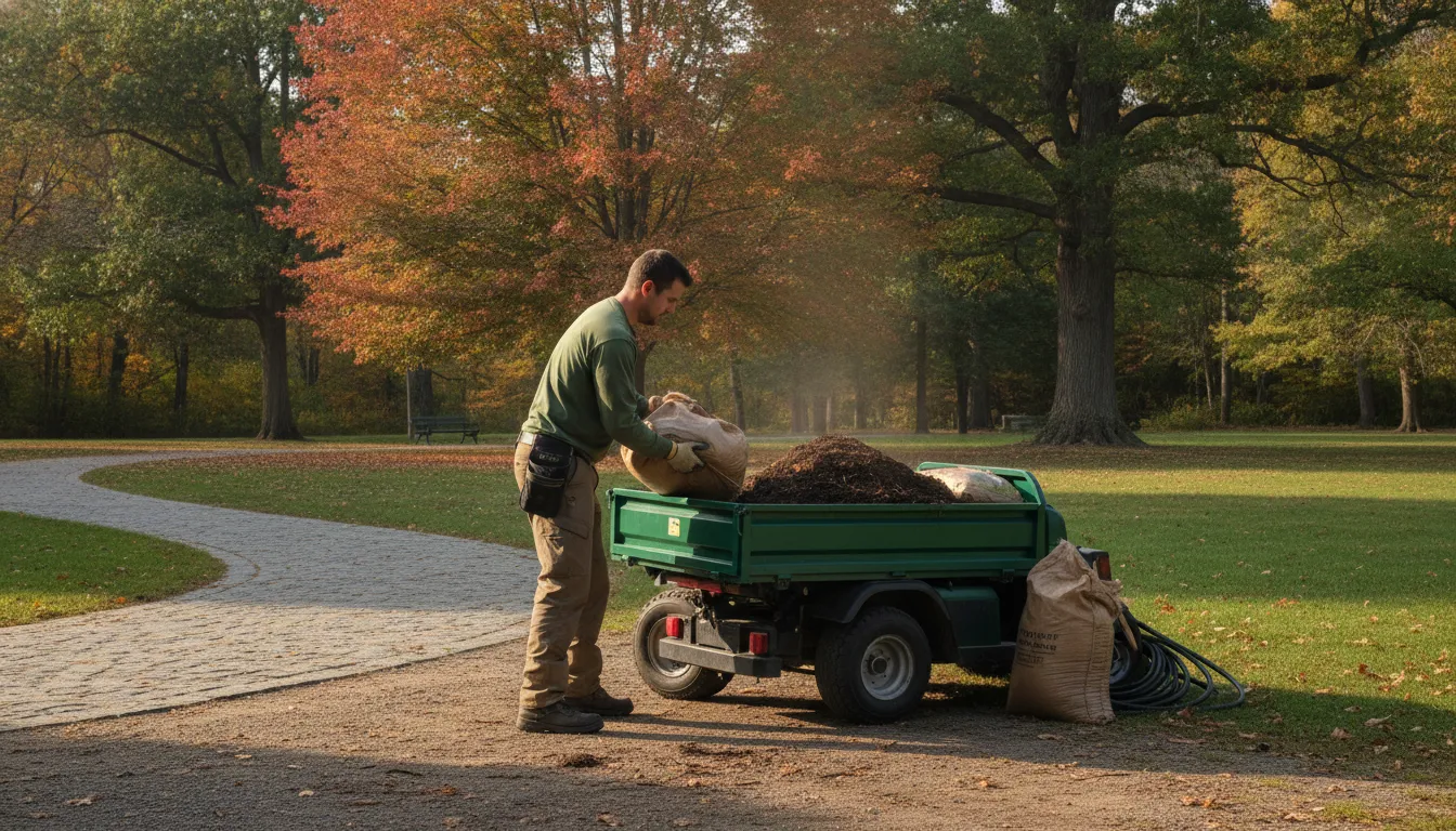 Municipal parks worker using a utility cart to move supplies along a New England park path