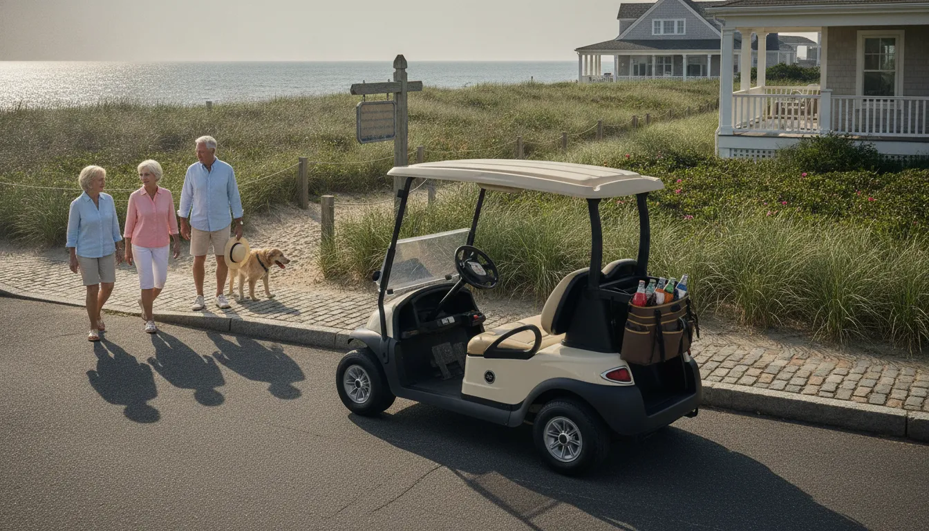 Club Car Onward golf cart parked beside a New England coastal community path near a beach access point on a sunny day