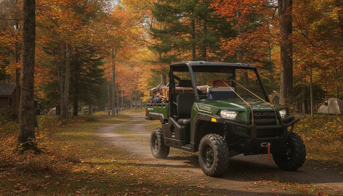 A rugged Polaris Pro XD commercial utility vehicle hauling equipment on an autumn trail at a New England campground