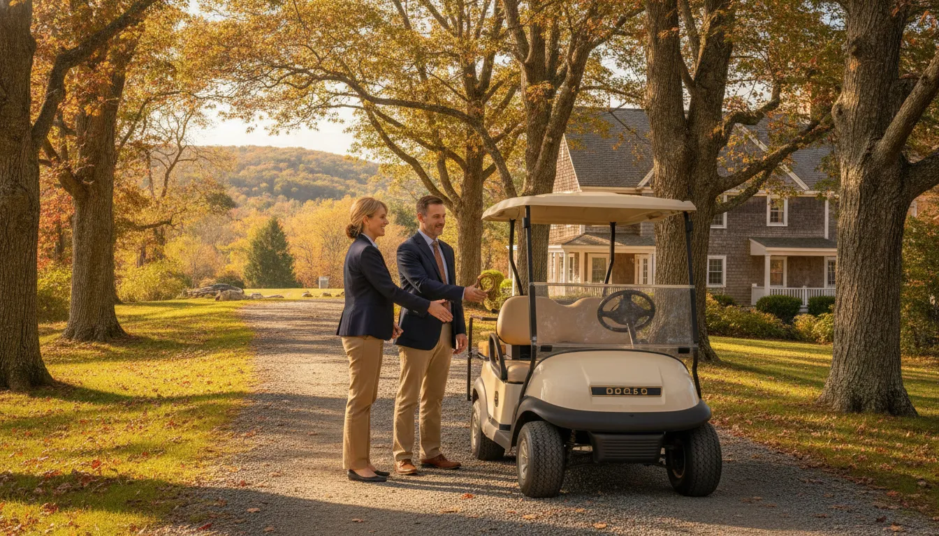 A resort manager hands golf cart keys to guests before a rental