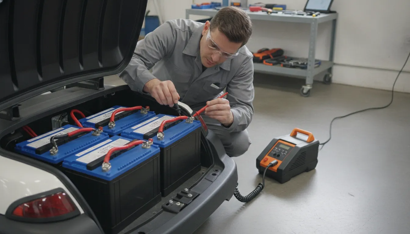 Technician inspecting an electric golf cart battery for seasonal maintenance