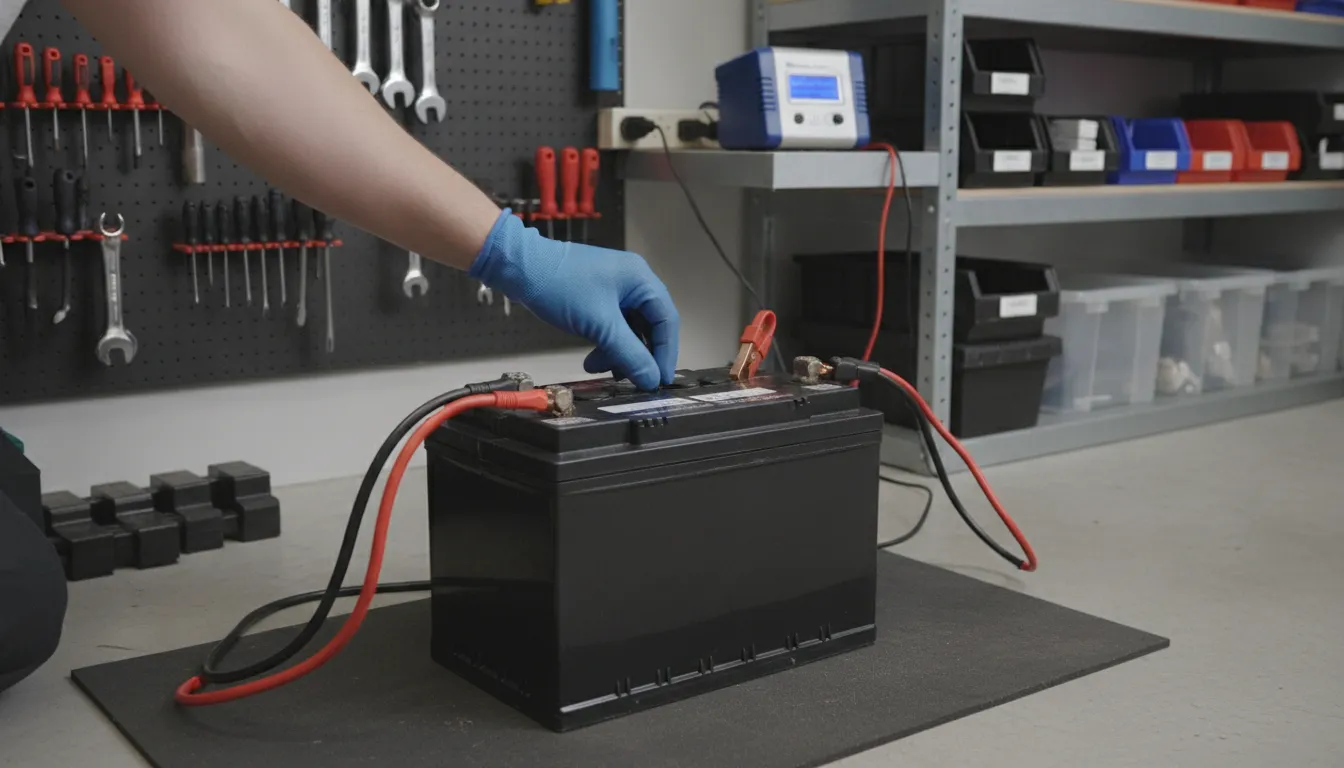Golf cart battery connected to a trickle charger in a clean garage workshop for winter maintenance