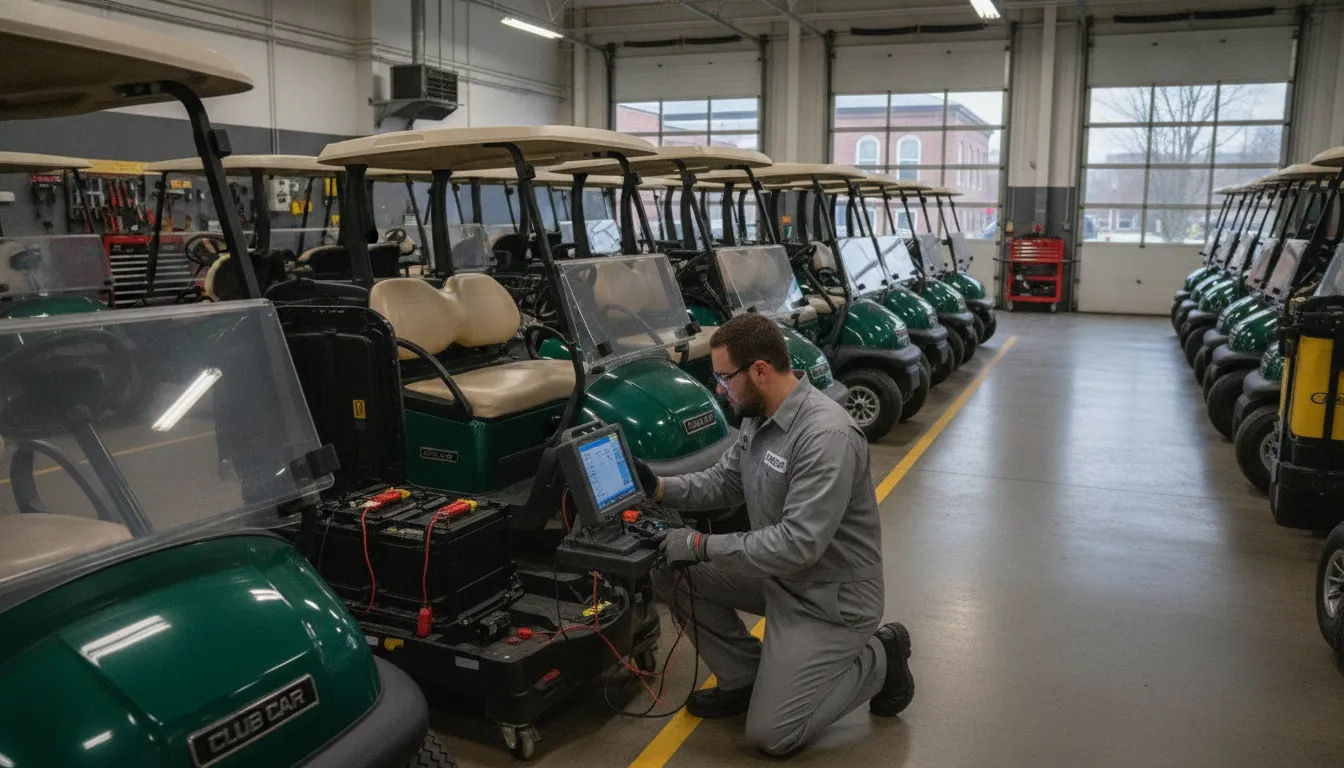 Factory-trained technician performing battery diagnostics on an electric Club Car at a commercial fleet facility with multiple carts in the background