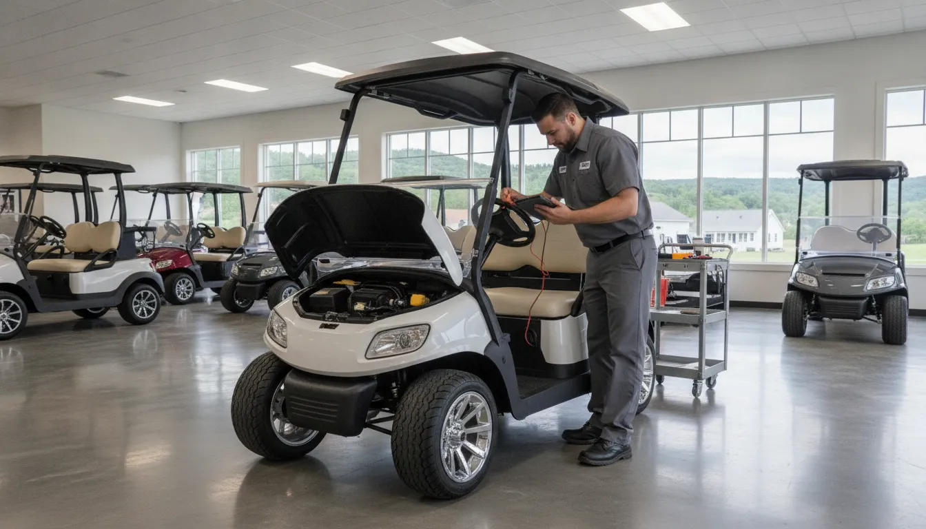 Authorized Club Car dealer technician inspecting a golf cart
