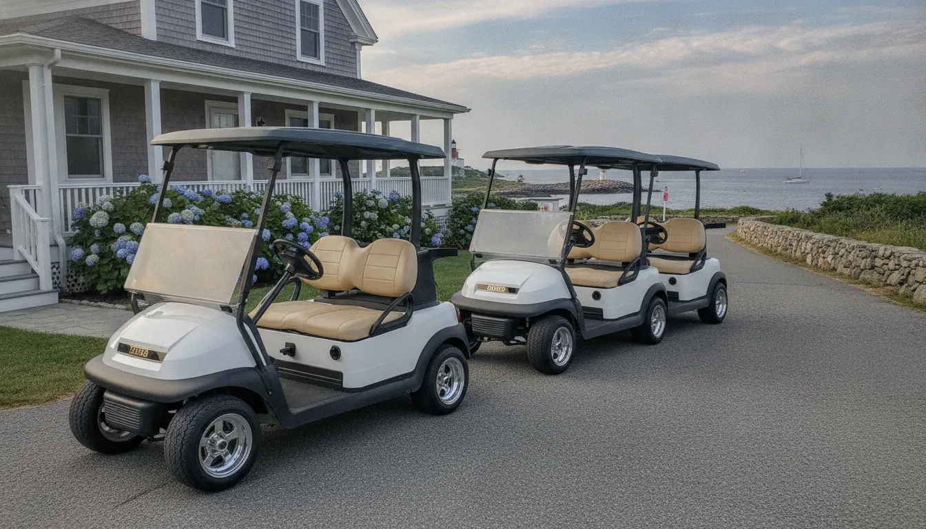 4 passenger golf cart beside a longer six-passenger golf cart