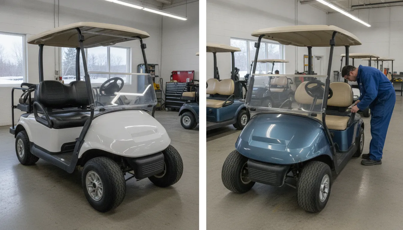 New and pre-owned golf carts compared side by side at a dealership