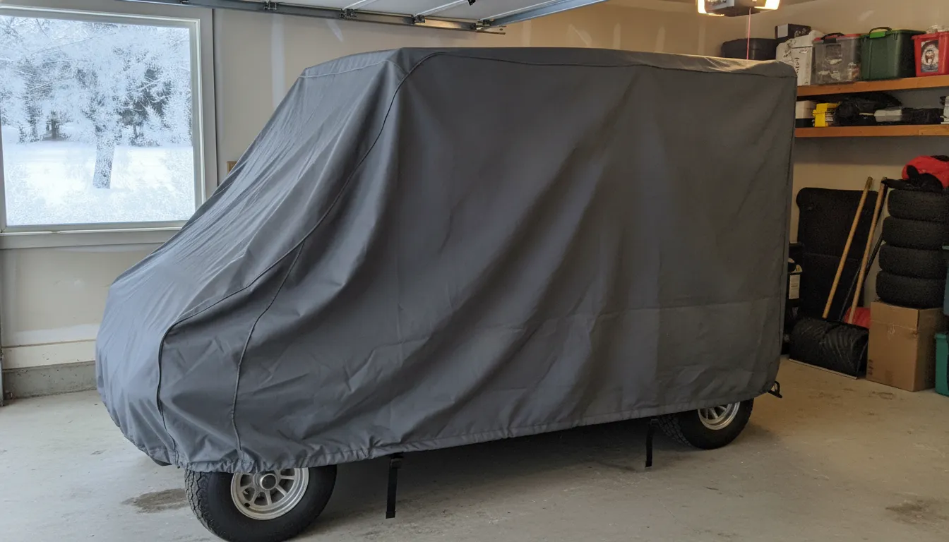 Golf cart covered with a fitted weatherproof cover stored in a garage during winter
