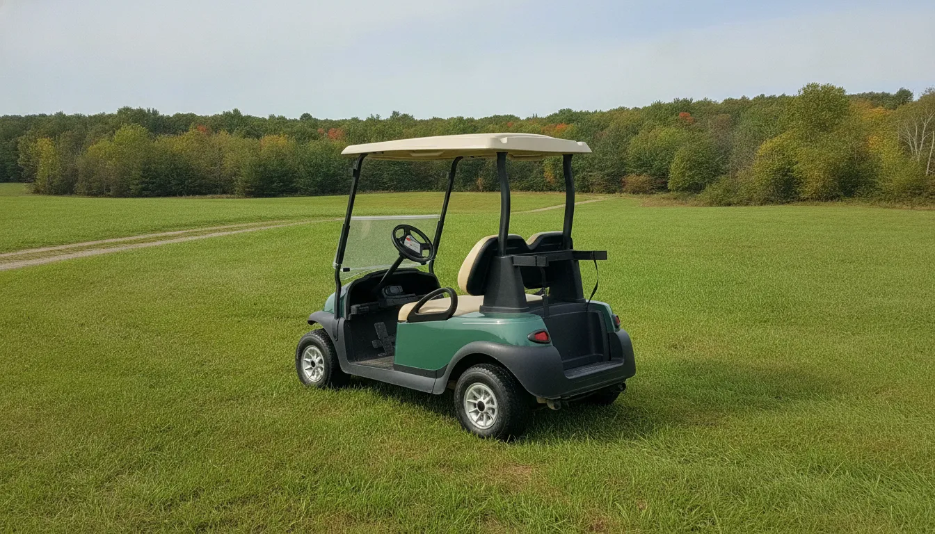 Clean pre-owned electric golf cart on a New England dealership lot