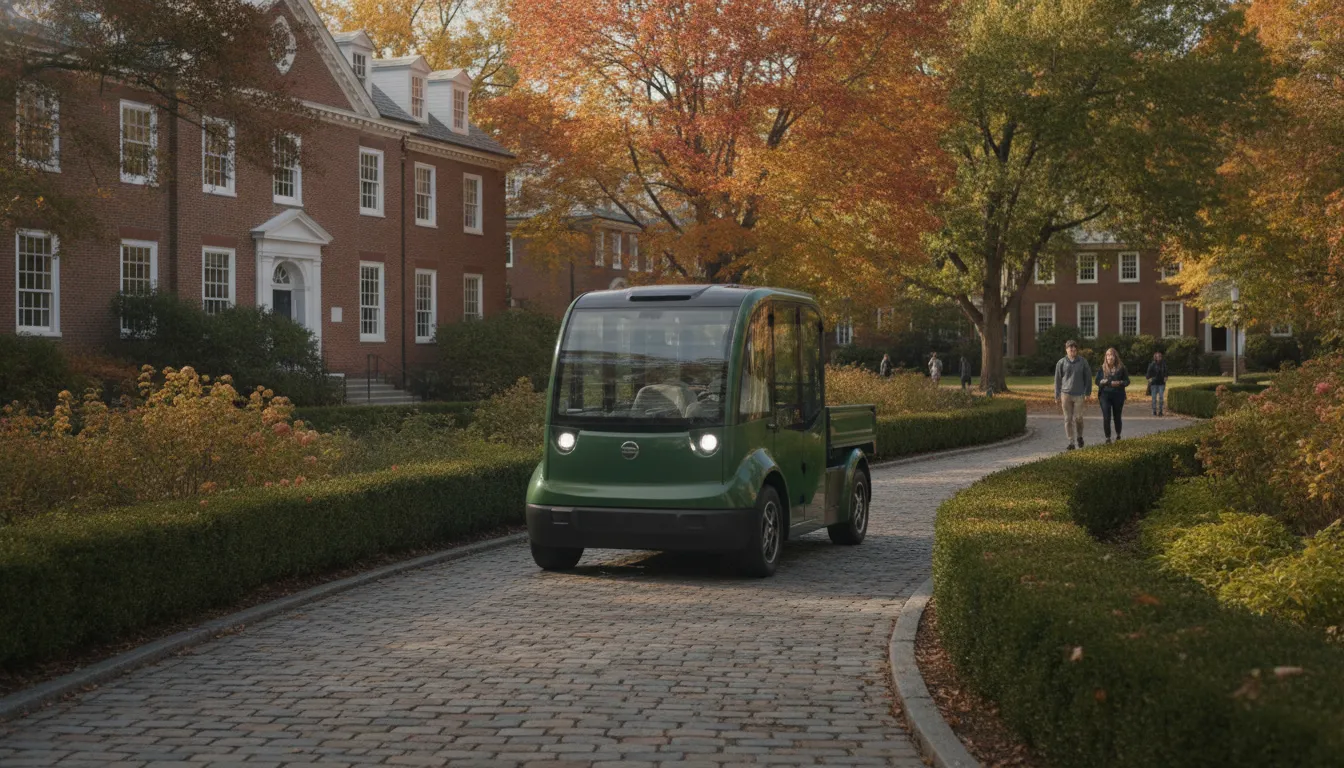 Electric utility vehicle driving along a landscaped New England campus path