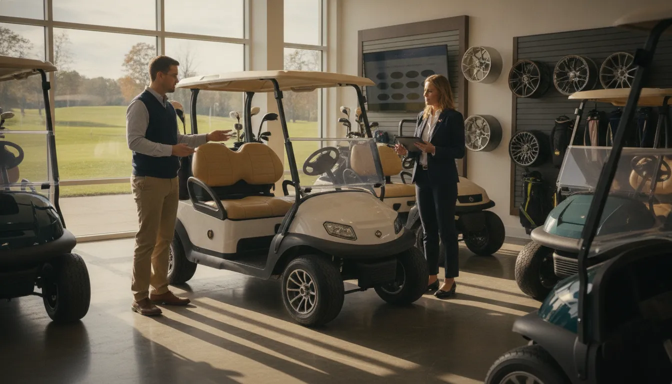 Customer discussing golf cart financing with a vehicle specialist