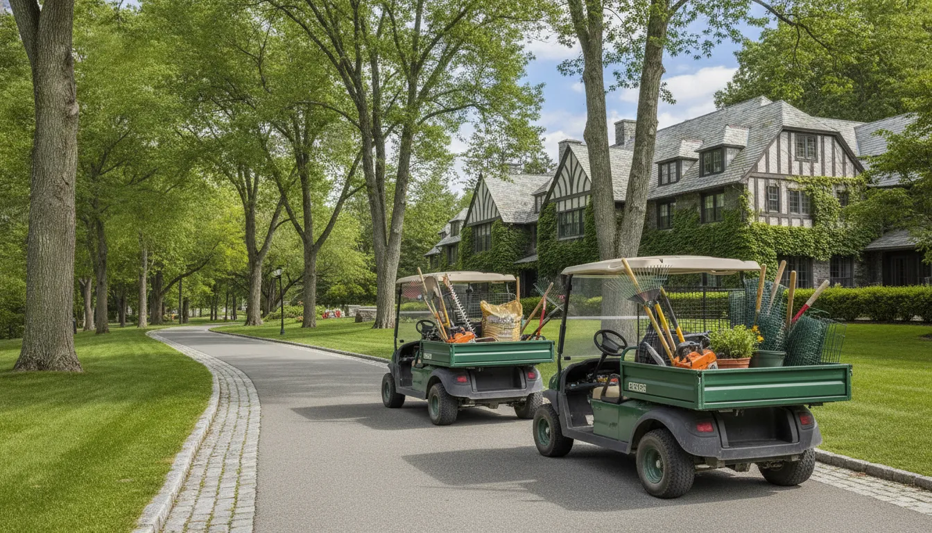 Utility golf cart fleet supporting landscaping operations
