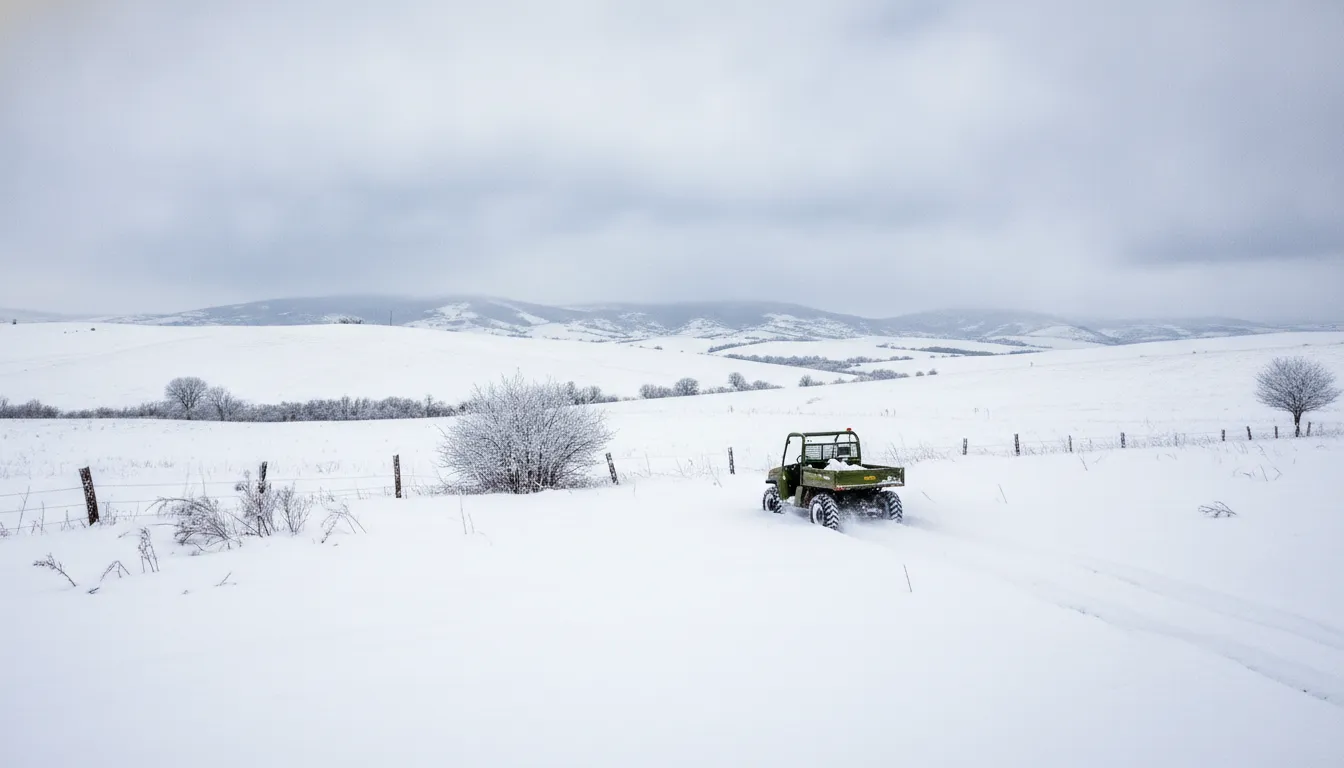Gas utility work vehicle towing a trailer across a snowy New England site