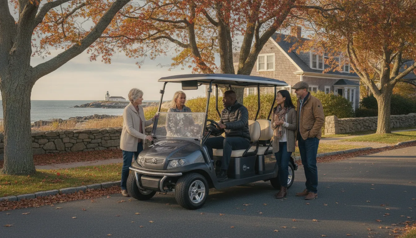 Buyers comparing an electric golf cart for sale in New England