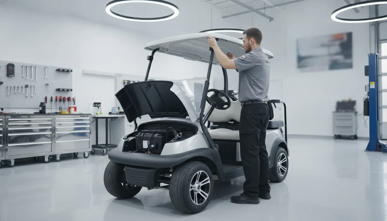 Factory-trained technician checking the battery bay of an electric golf cart in a c2 Vehicles service center