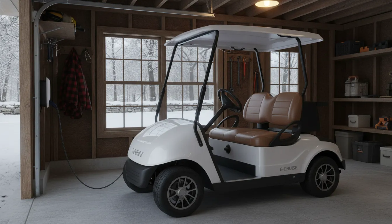 Electric golf cart plugged in and charging inside a New England garage, ready for daily use