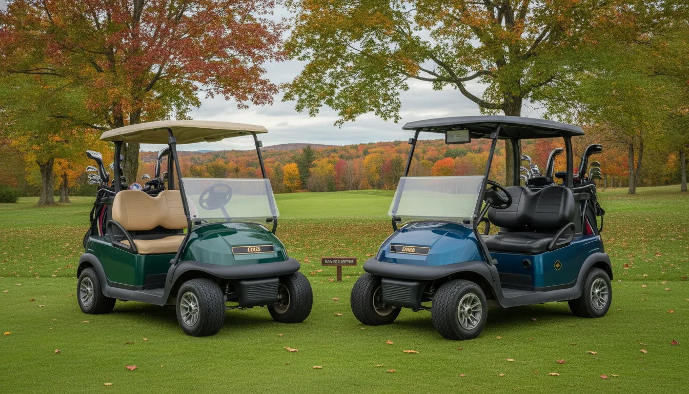 Gas and electric golf carts displayed side by side at a New England dealership lot