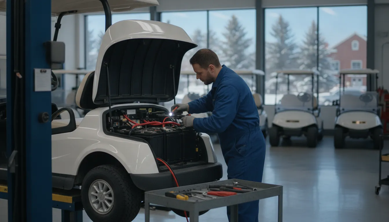 Technician checking the battery compartment of a used electric golf cart at a New England dealership