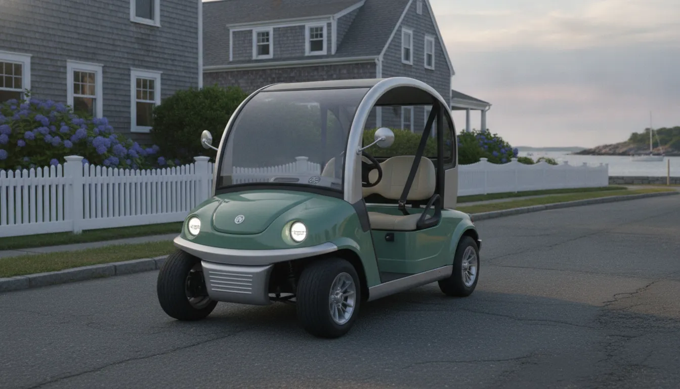 Street legal golf cart driving on a New England neighborhood road