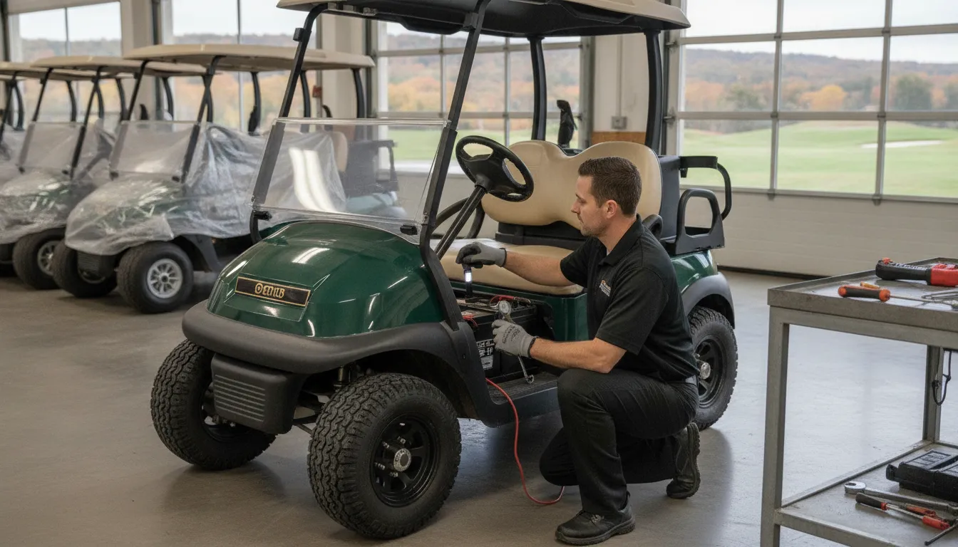 Technician inspecting golf cart tires during pre-summer maintenance