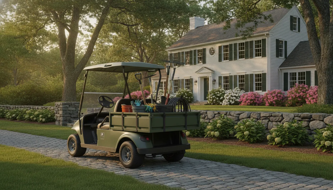 Utility golf cart equipped for property maintenance work