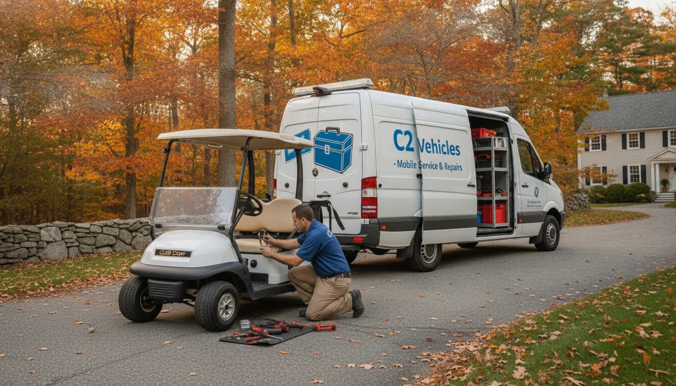 C2 Vehicles mobile service technician performing diagnostics on a Club Car golf cart at a residential property in New England