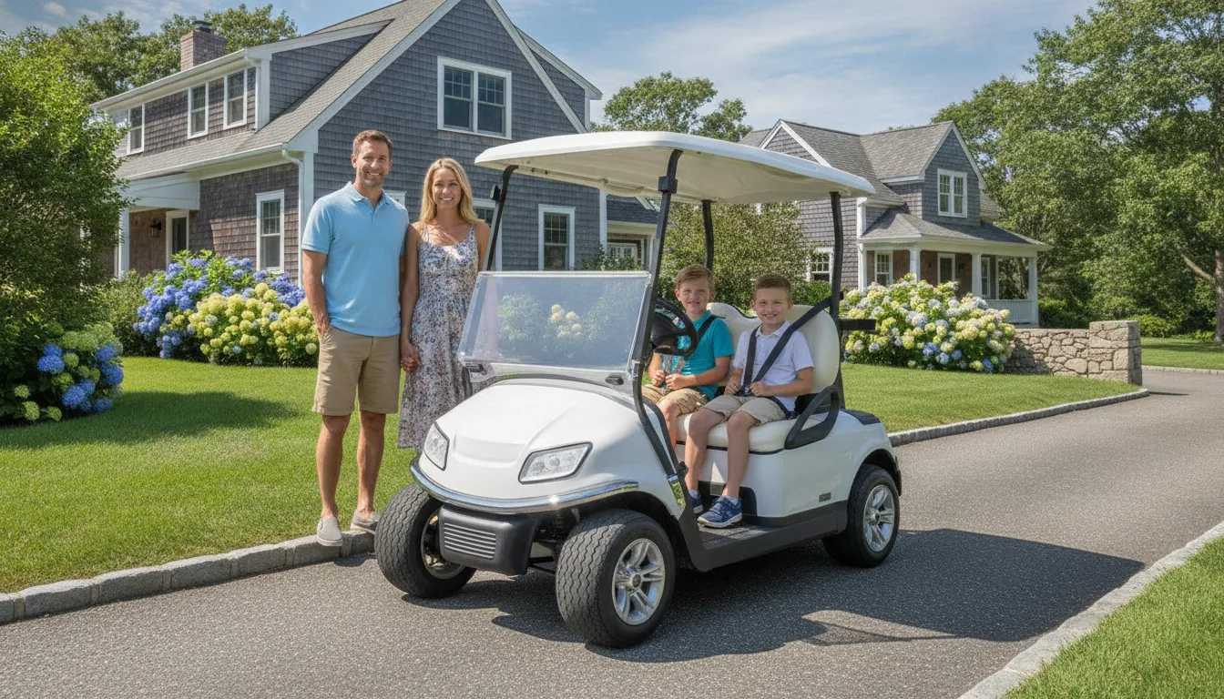 Modern golf cart parked in a sunny New England driveway with a family nearby wearing seat belts