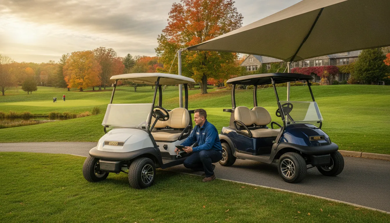 New and pre-owned golf carts displayed side by side for comparison
