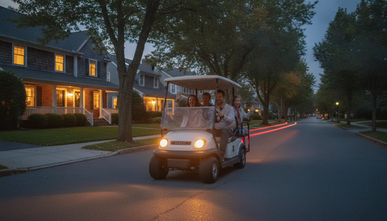 Golf cart driving at dusk on a quiet neighborhood street with headlights and taillights glowing