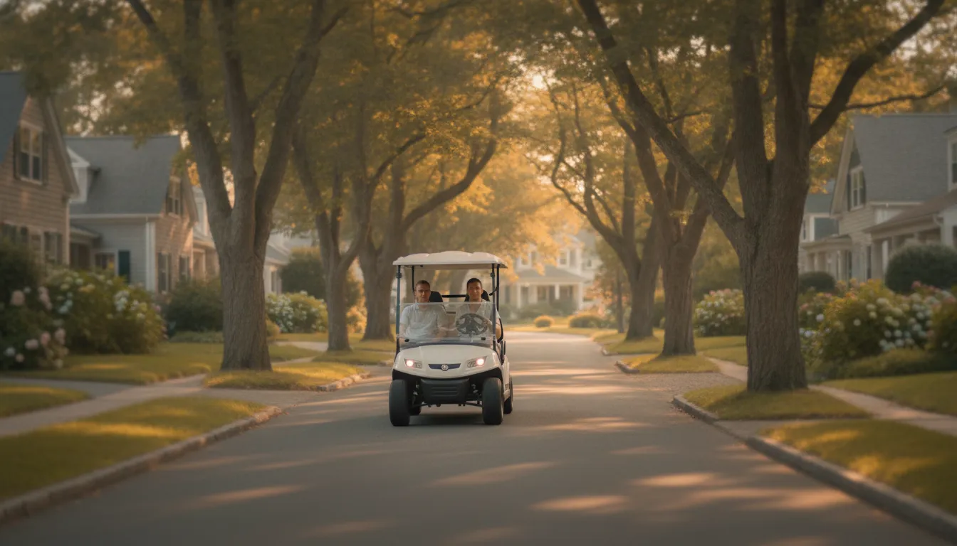 Street-legal electric low-speed vehicle cruising a New England neighborhood street