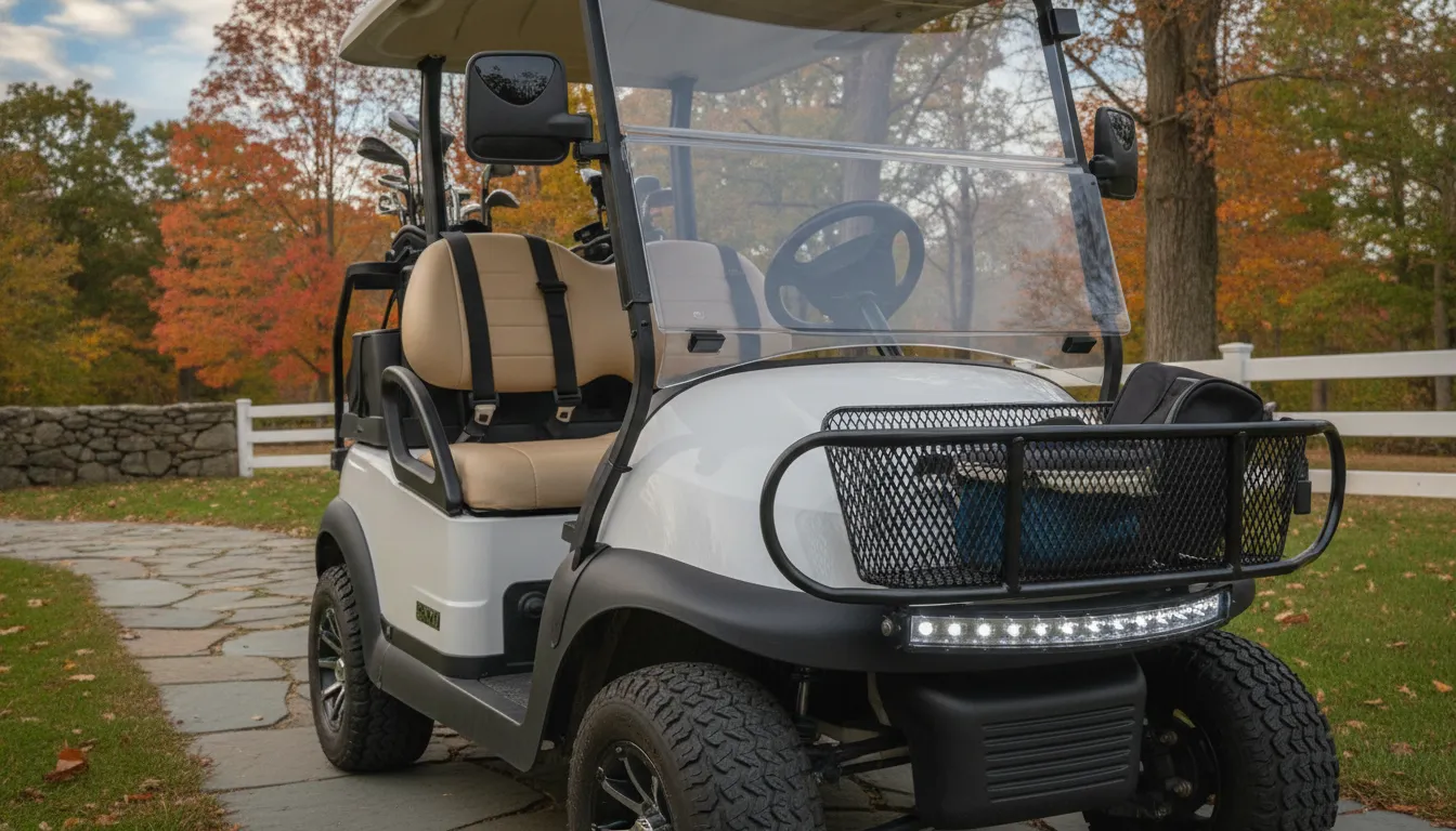 Installed golf cart mirrors lights seat belt and storage basket
