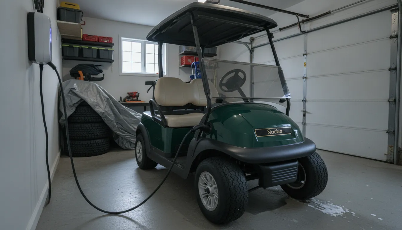 Electric golf cart charging during New England winter storage