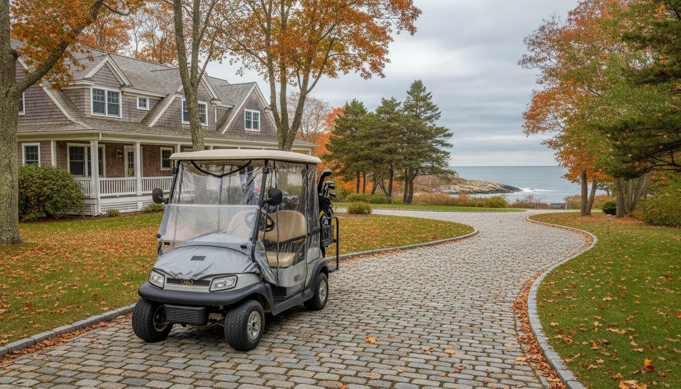 Golf cart with weather enclosure and rain protection accessories