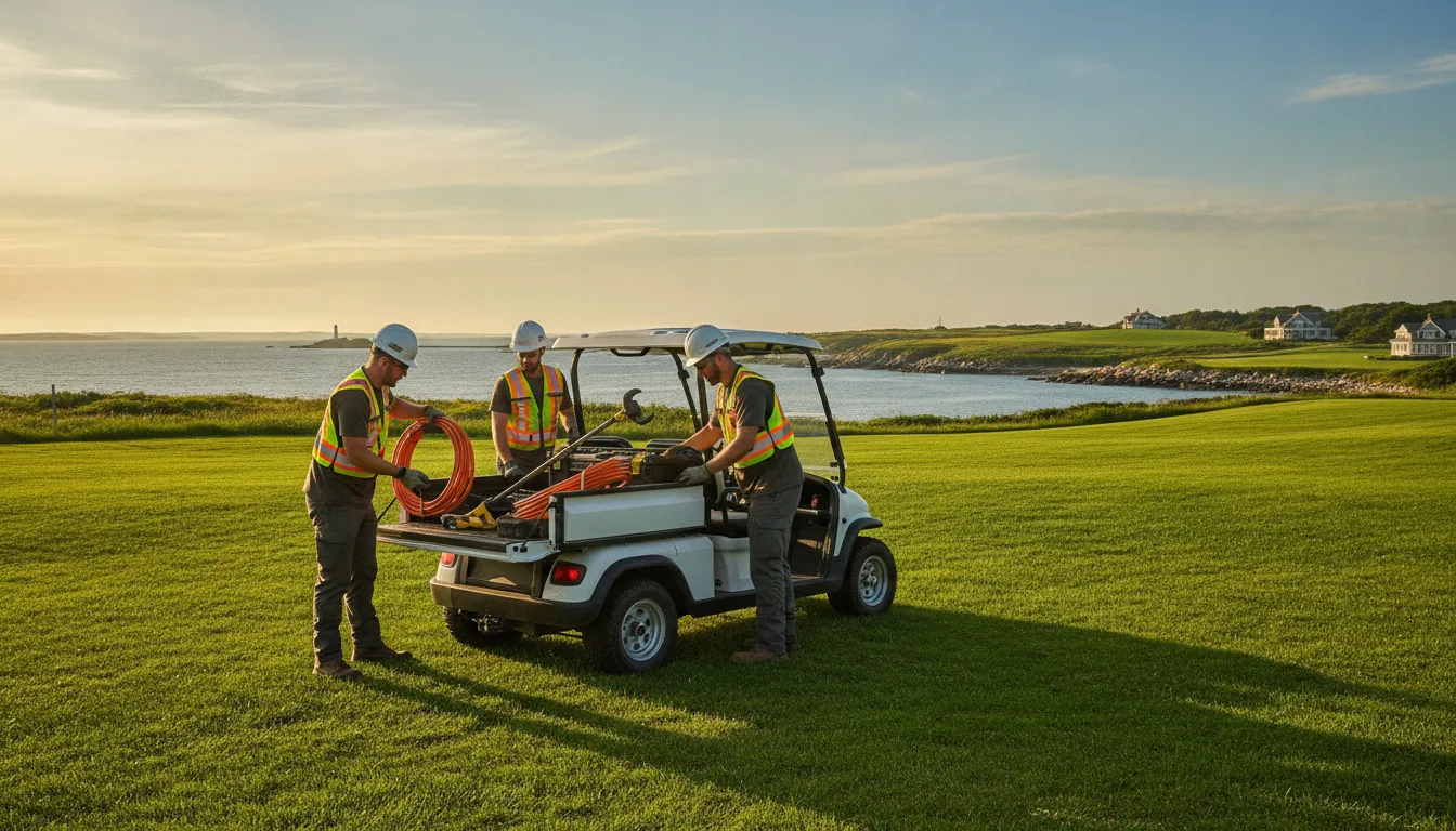 Electric utility vehicle with an open cargo bed on a coastal New England property for sale