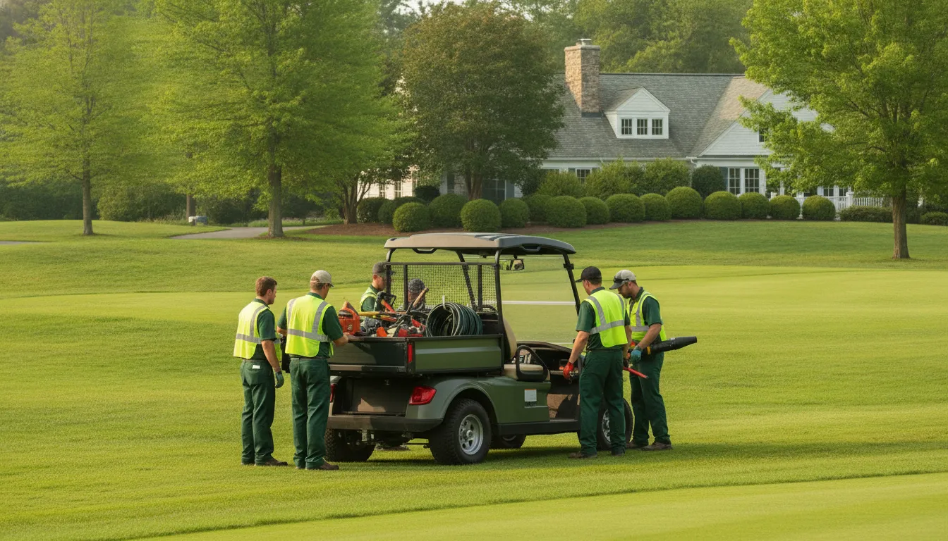 Grounds crew loading tools into the cargo bed of a Club Car utility vehicle at a New England golf club