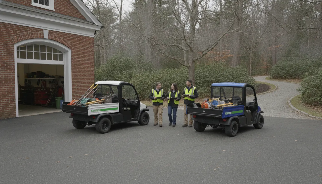 Commercial utility electric vehicles parked outside a New England campus maintenance facility