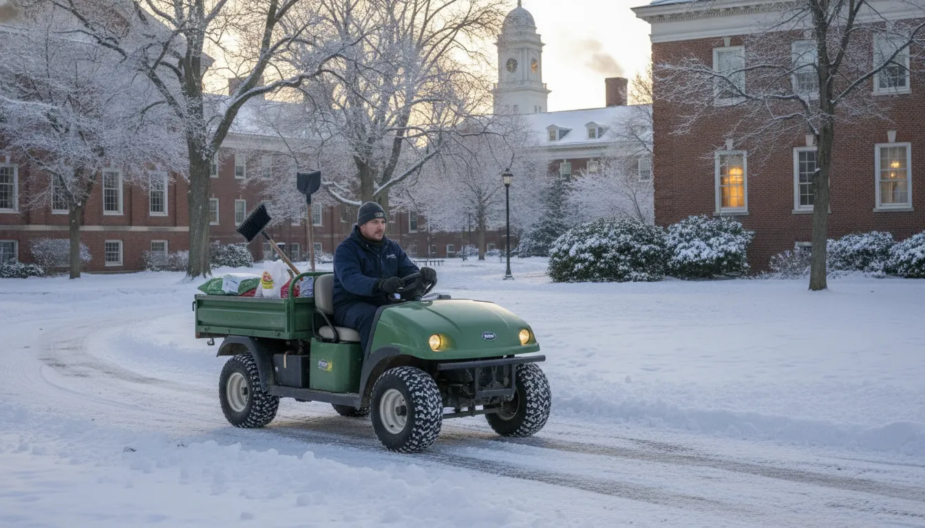 Electric utility vehicle working across a snow-dusted New England campus in winter