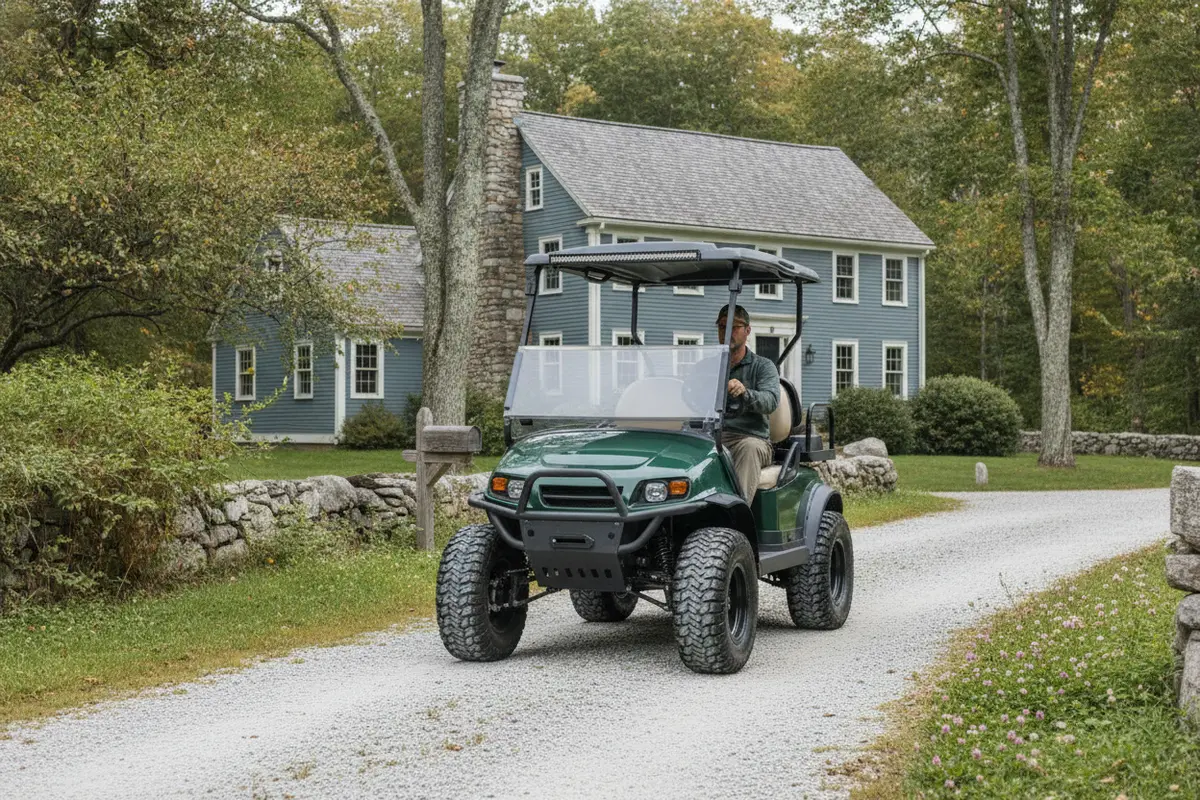 Lifted electric golf cart on a gravel lane