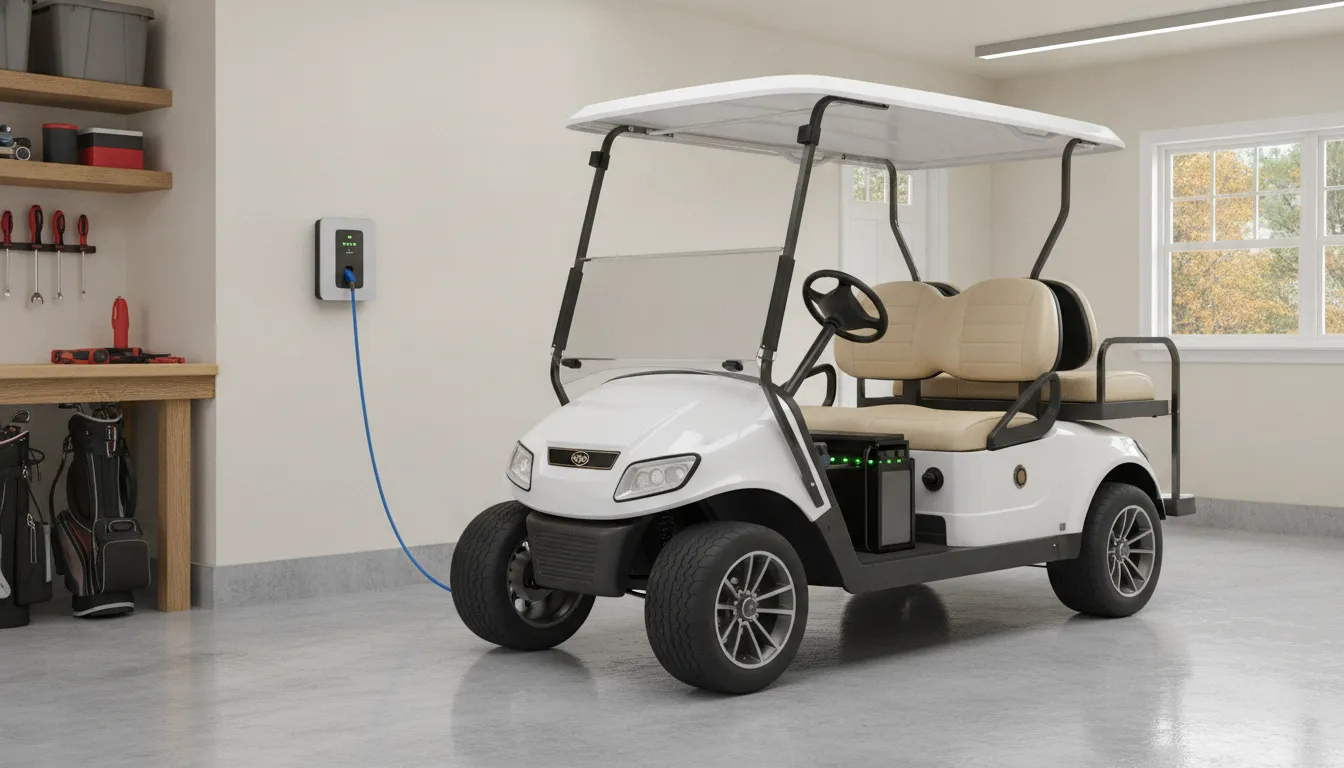 Lithium golf cart charging in a clean residential garage